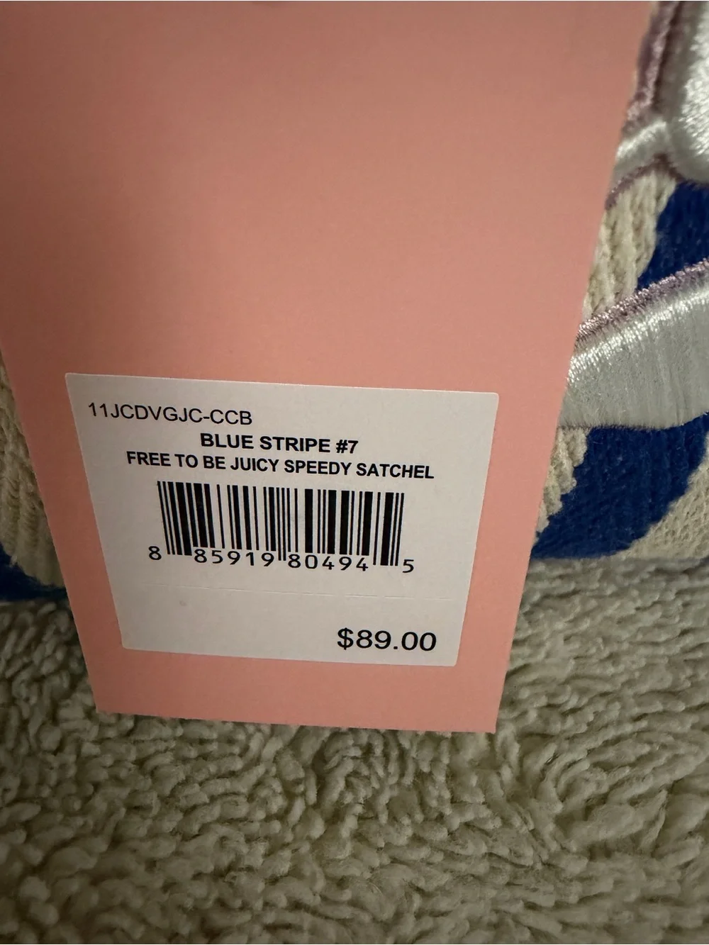 Juicy Couture Blue & Pink Striped Satchel with Pink Fur Pom